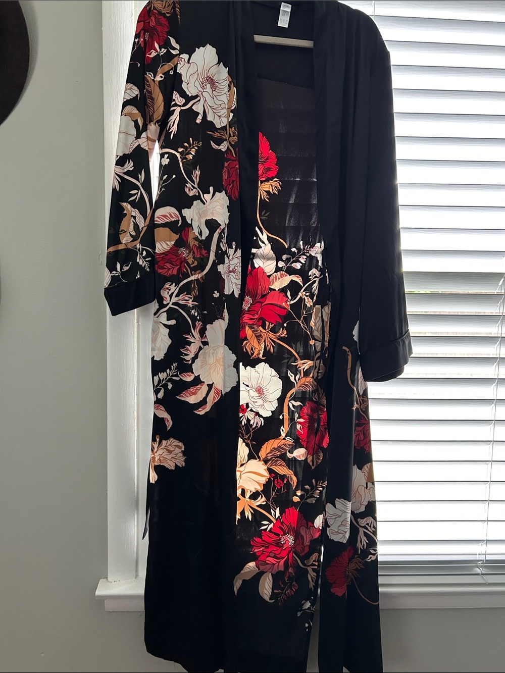 Floral Black Satin Duster Cardigan with Red & Cream Blooms